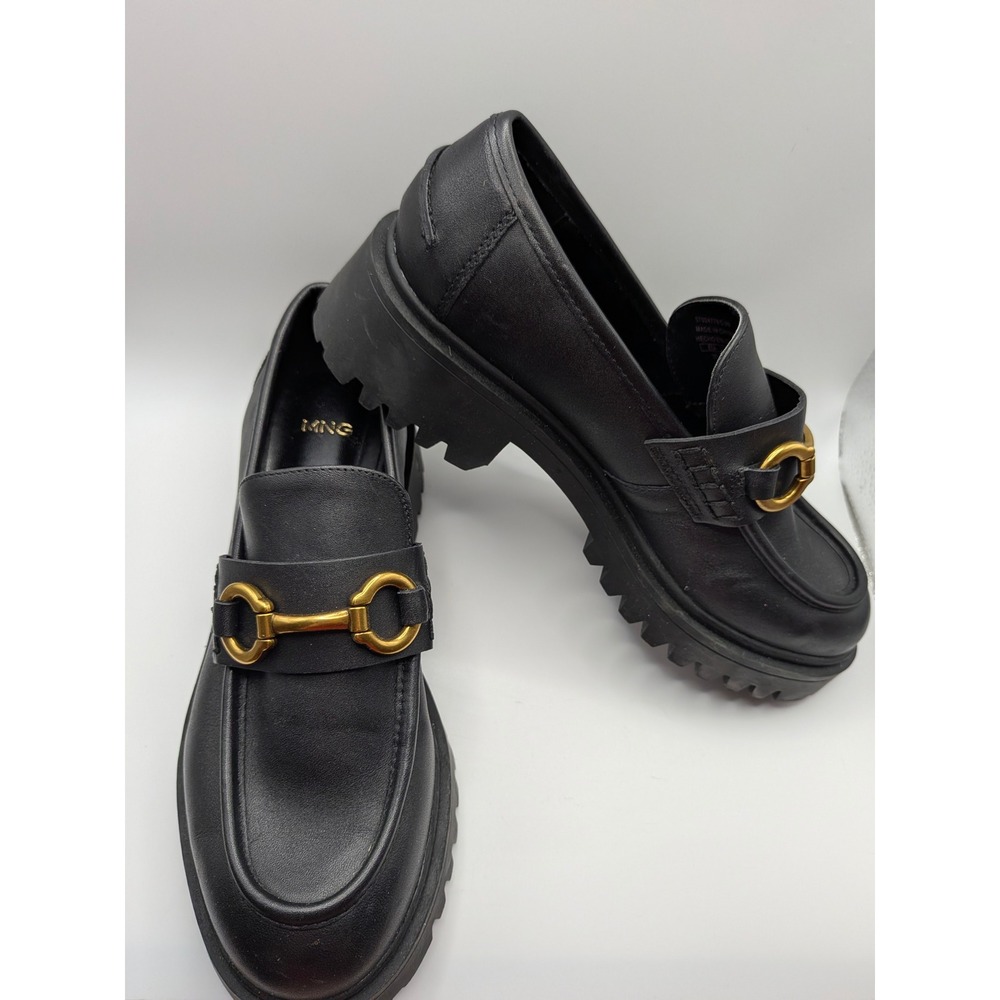 Mango MNG Black Leather Horsebit Chunky Platform Loafers EU 37 US 6.5 Buckle